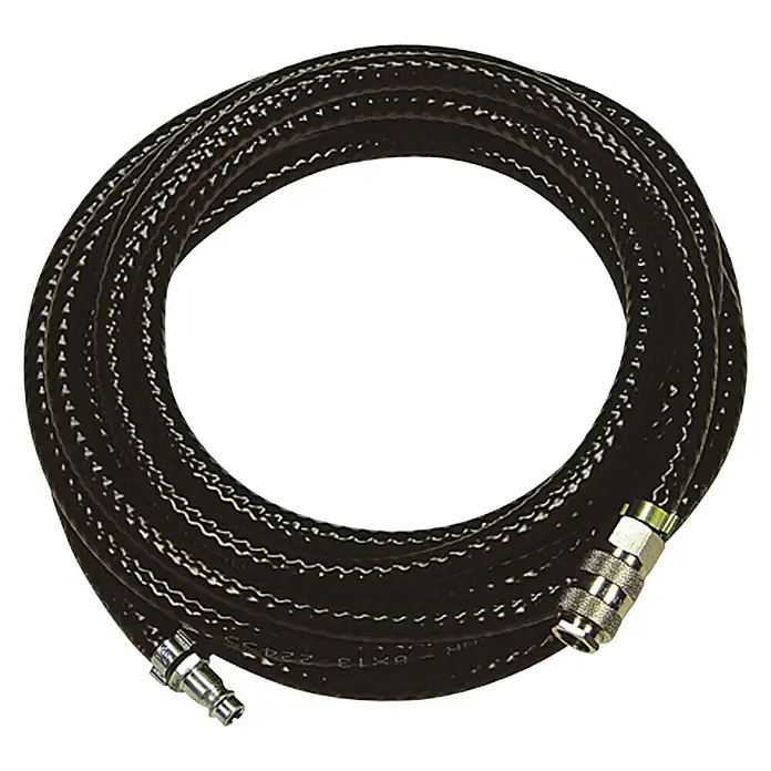 Craftomat Druckluftschlauch Pro - 10 m, Max. Druck: 20 bar - Nahaufnahme eines aufgerollten schwarzen Luftschlauchs mit silbernen Schnellkupplungen an beiden Enden.