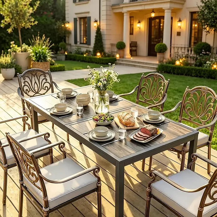 SONNENH Gartentisch - L x B x H: 140 x 80 x 72 cm, Stahl, Rund, Dunkelgrau - Elegantes Outdoor-Esszimmer-Set aus Bronze mit verzierten Stühlen und einem dunklen Holztisch, gedeckt auf einer Terrasse.