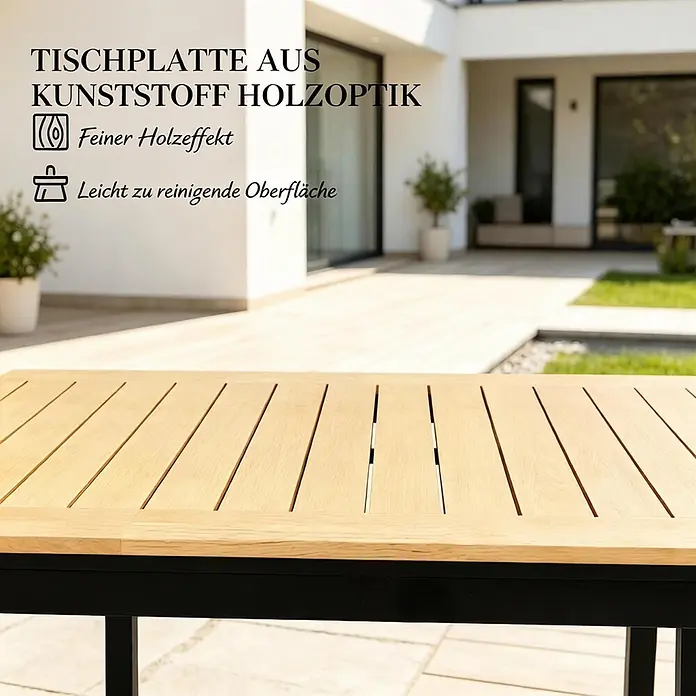 SONNENH Gartentisch - L x B x H: 127 x 70 x 75 cm, Metall, Holz, Kunststoff, Rechteckig, Braun - Gartentisch mit heller Holzoptik-Kunststoffplatte und schwarzem Gestell auf einer Terrasse.