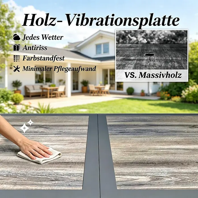 SONNENH Gartentisch - L x B x H: 140 x 80 x 72 cm, Stahl, Rund, Dunkelgrau - Eine Holz-Vibrationsplatte wird gereinigt; sie ist wetterfest, rissfest, farbbeständig und pflegeleicht, im Gegensatz zu Massivholz.