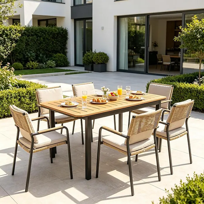 SONNENH Gartentisch - L x B x H: 127 x 70 x 75 cm, Metall, Holz, Kunststoff, Rechteckig, Braun - Eine Outdoor-Essgruppe mit Holztisch und sechs Stühlen mit geflochtenen beigen Seillehnen und Kissen, auf einer Terrasse zum Essen gedeckt.