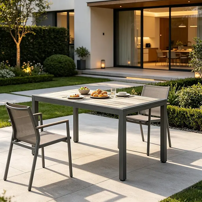 SONNENH Gartentisch - L x B x H: 140 x 80 x 72 cm, Stahl, Rund, Dunkelgrau - Outdoor-Essgruppe: grauer Metalltisch mit Holzoptik-Platte und Netzstühlen auf einer Terrasse.