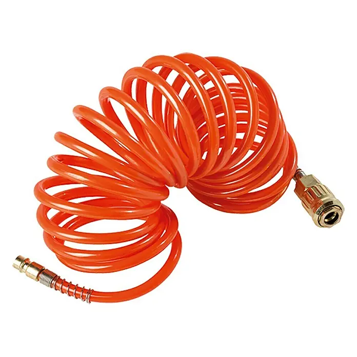 Craftomat Spiralschlauch - 5 m, Max. Druck: 8 bar - Orangefarbener Druckluftschlauch mit Metallanschlüssen, spiralförmig gewickelt. Ideal für Werkstatt und Hobby.
