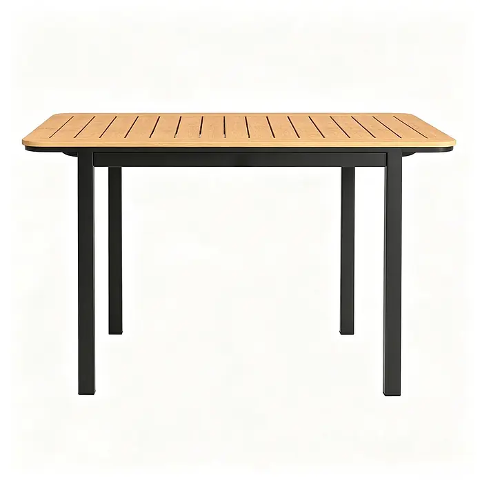 SONNENH Gartentisch - L x B x H: 127 x 70 x 75 cm, Metall, Holz, Kunststoff, Rechteckig, Braun - Rechteckiger Outdoor-Esstisch mit Lattenplatte aus hellem Holz und schwarzen Metallbeinen.