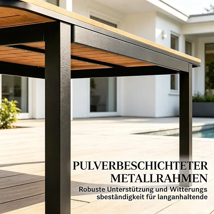 SONNENH Gartentisch - L x B x H: 127 x 70 x 75 cm, Metall, Holz, Kunststoff, Rechteckig, Braun - Nahaufnahme eines schwarz pulverbeschichteten Metallrahmens eines Gartentisches mit Holzlatten, der seine robuste, wetterfeste Konstruktion hervorhebt.