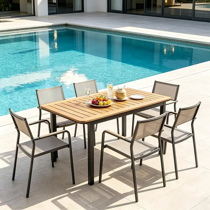 SONNENH Gartentisch - L x B x H: 127 x 70 x 75 cm, Metall, Holz, Kunststoff, Rechteckig, Braun - Outdoor-Essgruppe mit Holztischplatte, dunklem Metallgestell und hellgrauen Stühlen am Pool, mit Getränken und Obst.