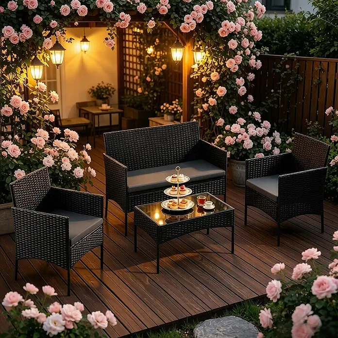 SONNENH Loungemöbel-Set 4-teilig für 4 Personen Schwarz -  - Schwarzes Rattan-Gartenmöbelset: Sofa, zwei Sessel und Couchtisch mit Glasplatte, alle mit dunkelgrauen Polstern.