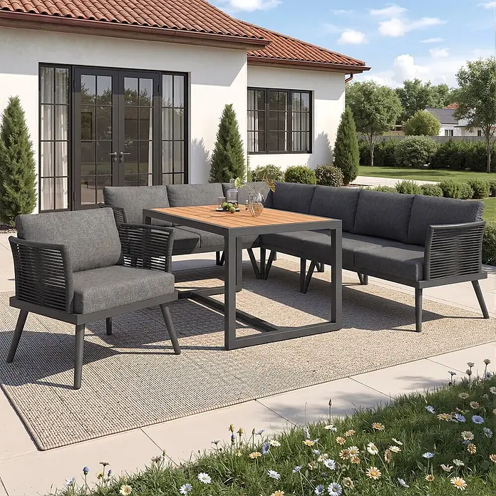SONNENH Loungemöbel-Set - 6 -tlg., Eisen, Grau - Graue Outdoor-Lounge-Sitzgruppe mit Holzplatte auf einer Terrasse. Sie umfasst ein Ecksofa und einen Sessel.