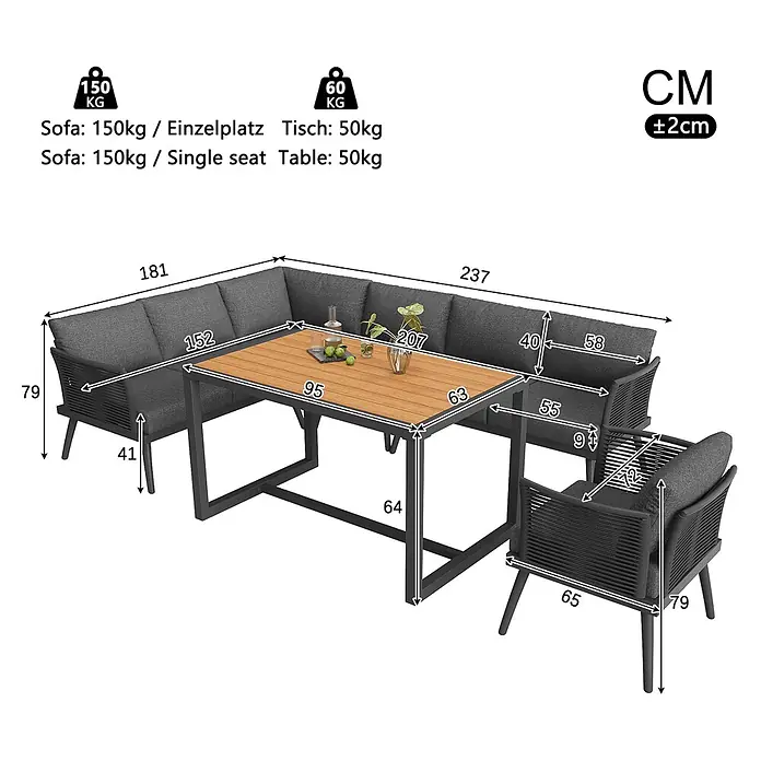 SONNENH Loungemöbel-Set - 6 -tlg., Eisen, Grau - Dunkelgraue L-förmige Outdoor-Sitzgruppe mit Holztisch und passendem Sessel, inklusive detaillierter Maße.