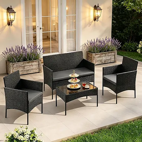 SONNENH Loungemöbel-Set 4-teilig für 4 Personen Schwarz
