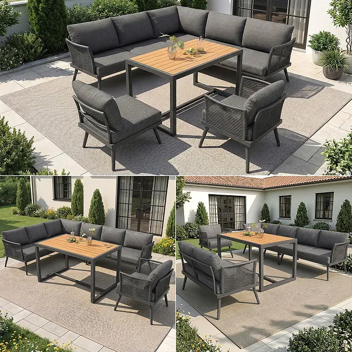SONNENH Loungemöbel-Set - 6 -tlg., Eisen, Grau - Dunkelgraue Outdoor Loungegarnitur mit Couchtisch mit Holzplatte und Stühlen auf einem Terrassenteppich.