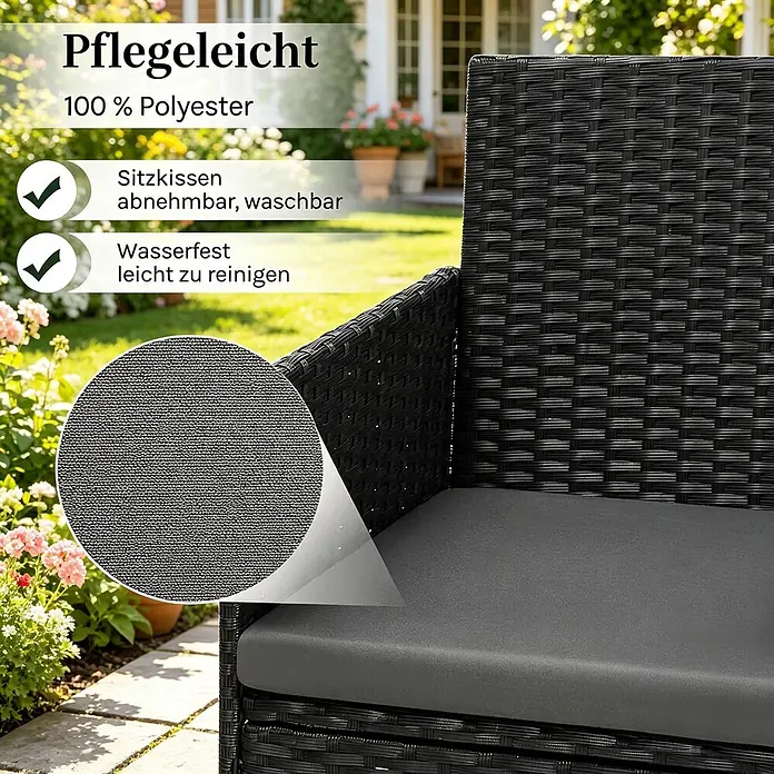 SONNENH Loungemöbel-Set 4-teilig für 4 Personen Schwarz -  - Schwarzer Outdoor-Sessel mit grauen Polyester-Sitzkissen. Pflegeleicht, wasserfest und waschbar.