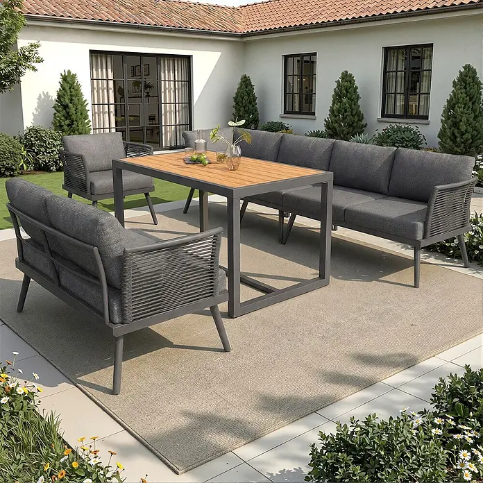 SONNENH Loungemöbel-Set - 6 -tlg., Eisen, Grau - Dunkelgraues Outdoor-Ess- und Lounge-Set mit Holztisch, Metallrahmen und Seilakzenten auf einer Terrasse.