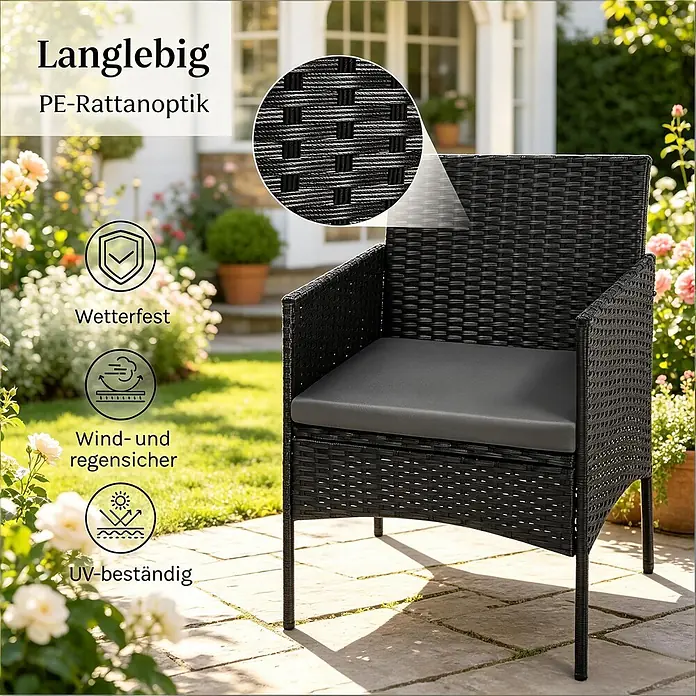 SONNENH Loungemöbel-Set 4-teilig für 4 Personen Schwarz -  - Schwarzer PE-Rattan Gartenstuhl mit grauem Kissen, langlebig und wetterfest.
