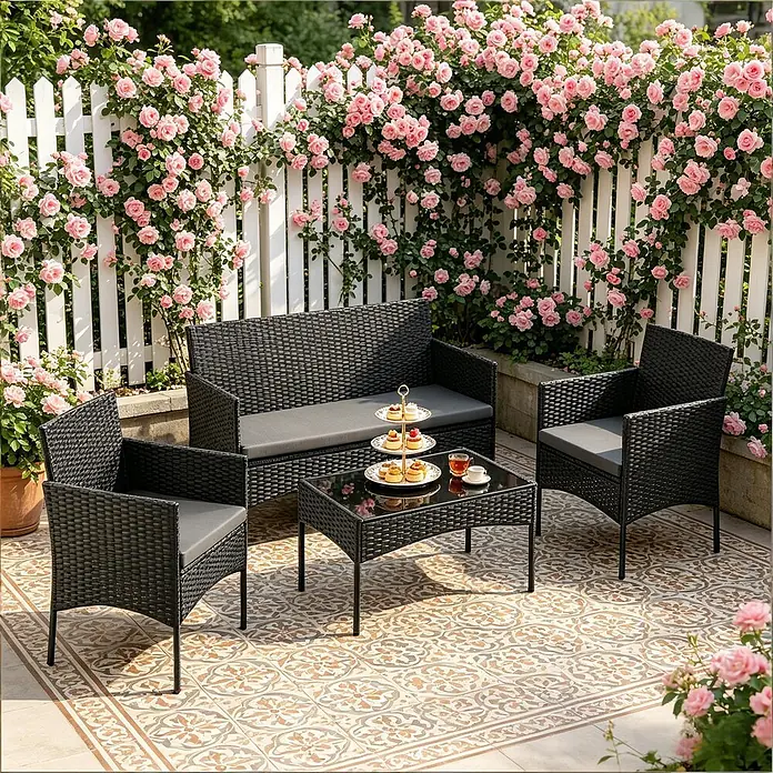 SONNENH Loungemöbel-Set 4-teilig für 4 Personen Schwarz -  - Ein schwarzes Rattan-Gartenmöbelset mit grauen Kissen: ein Sofa, zwei Sessel und ein Couchtisch mit Glasplatte auf einer Terrasse mit Rosen.