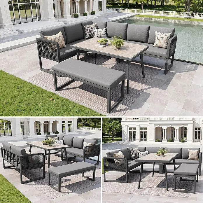 SONNENH Loungemöbel-Set 5-teilig für 6–8 Personen Grau -  - Graue Outdoor-Ecksofa und Bank mit Holzoptiktisch, auf einer Terrasse zum Essen oder Entspannen.