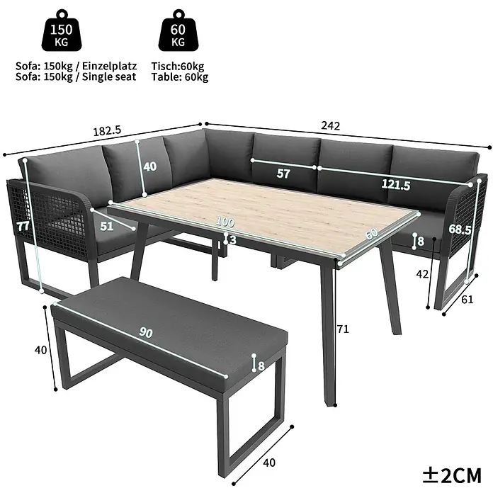 SONNENH Loungemöbel-Set 5-teilig für 6–8 Personen Grau -  - Graue L-förmige Loungegruppe mit Tisch und Bank, Maße detailliert.