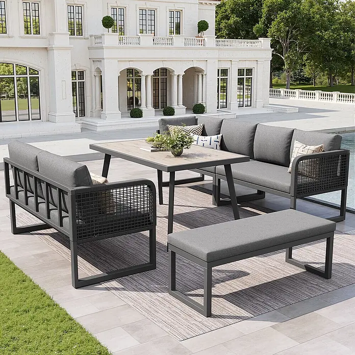 SONNENH Loungemöbel-Set 5-teilig für 6–8 Personen Grau -  - Graue Outdoor-Sitzgruppe mit dunkelgrauem Rahmen und Holzoptik-Tischplatte auf einer Terrasse.
