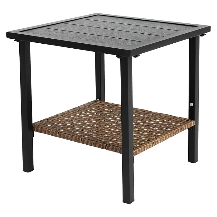 SONNENH Loungemöbel-Set - 6 -tlg., Stahl, Braun/Grau/Grau - Dunkelgrauer quadratischer Beistelltisch mit Lattenplatte und brauner geflochtener Ablagefläche.