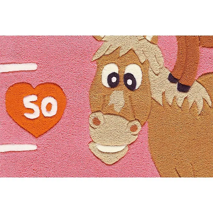 Kayoom Kinderteppich Joy 4168 - Rosa, 160 x 75 cm, 100 % Modacryl - Tufted-Teppich in Pink mit einem Cartoon-Pferd und orangefarbenem Herz mit „50“.