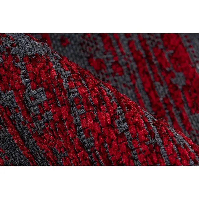 Kayoom Flachgewebeteppich Kalea 125 - Rot, 170 x 120 cm, 100 % Polyester - Rotes und graues strukturiertes Gewebe mit geometrischem Muster, gefaltet.