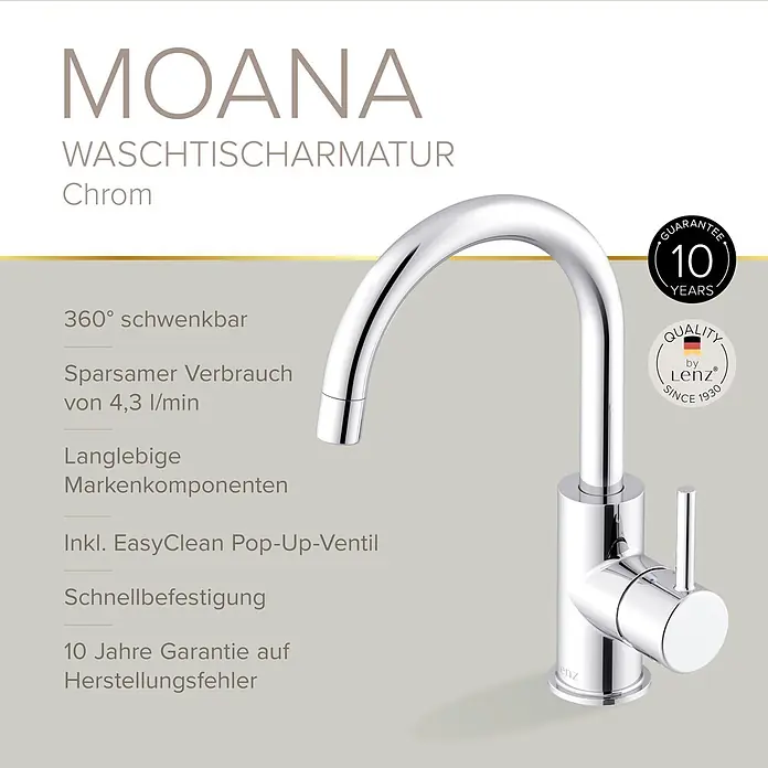 Lenz Waschtischarmatur Moana - Höhe: 24,5 cm, Ausladung Armatur: 171 mm, Chrom, Glänzend - Verchromte Waschtischarmatur mit hohem, gebogenem Auslauf und Einhebelgriff.