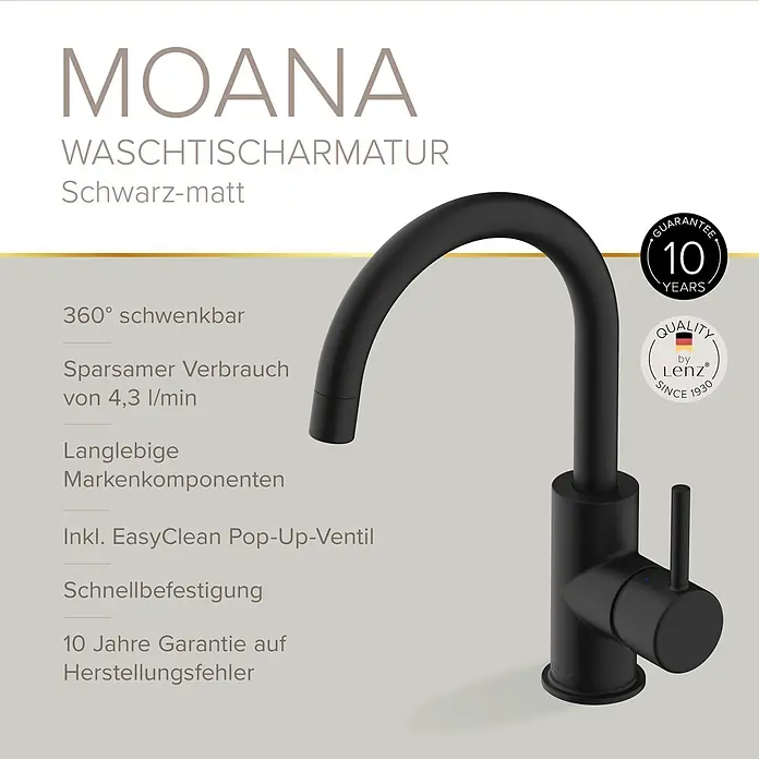 Lenz Waschtischarmatur Moana - Höhe: 24,5 cm, Ausladung Armatur: 171 mm, Schwarz, Matt - Schwarze, matte Waschtischarmatur Moana.
