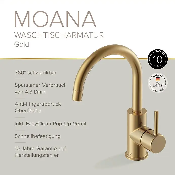 Lenz Waschtischarmatur Moana - Höhe: 24,5 cm, Ausladung Armatur: 171 mm, Gold, Matt - Goldfarbene schwenkbare Waschtischarmatur Moana.