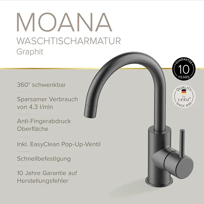Lenz Waschtischarmatur Moana - Höhe: 24,5 cm, Ausladung Armatur: 171 mm, Graphit, Matt - Moana Graphit Waschtischarmatur mit gebogenem Auslauf und Einhebelmischer.