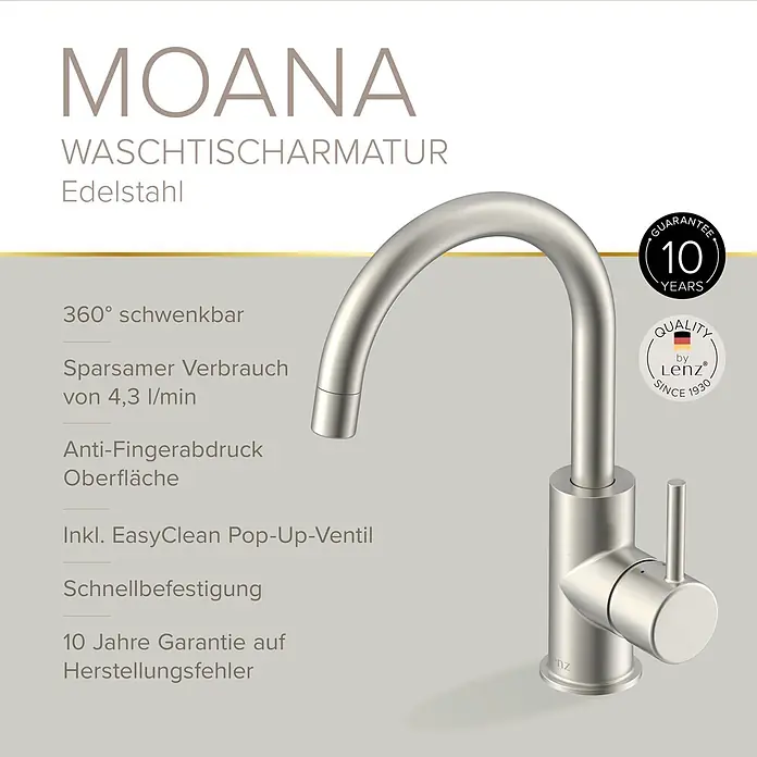 Lenz Waschtischarmatur Moana - Höhe: 24,5 cm, Ausladung Armatur: 171 mm, Edelstahl, Matt - Gebürstete Edelstahl-Waschtischarmatur mit gebogenem Auslauf und Einhebelgriff.