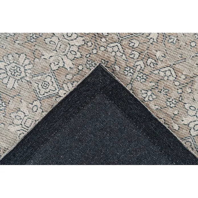 Kayoom Flachgewebeteppich Perry 125 - Khaki/Beige, 170 x 120 cm, 75 % Baumwolle, 25 % Polyester - Gemusterter beiger und blau-grauer Teppich mit teilweise sichtbarer dunkler, gewebter Unterseite.