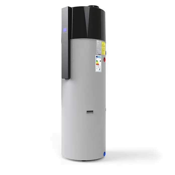 Hofman Warmwasser-Wärmepumpe mit WLAN Smart-Steuerung R290 200L 1,5kW, Register 1, 230V - V01 -  - Zylindrischer grauer und schwarzer Warmwasserbereiter mit Digitalanzeige und Energielabels.