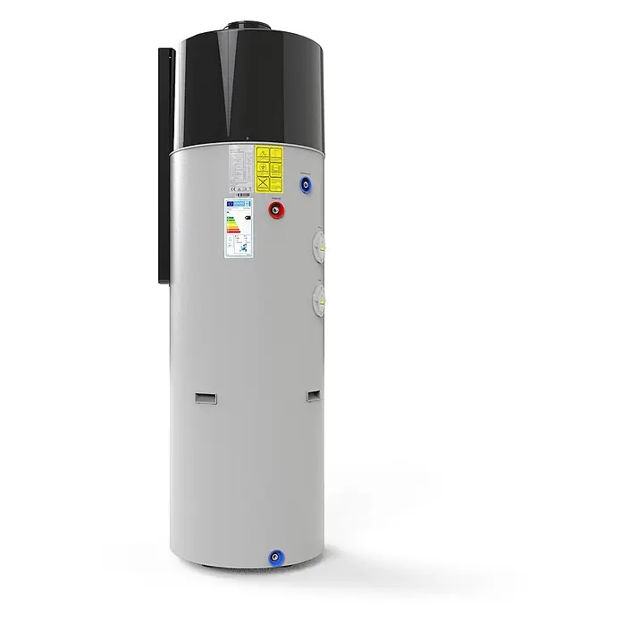 Hofman Warmwasser-Wärmepumpe mit WLAN Smart-Steuerung R290 200L 1,5kW, Register 1, 230V - V01 -  - Zylindrischer grauer Wärmepumpen-Warmwasserbereiter mit schwarzem Oberteil, Energielabeln und farbigen Anschlüssen.
