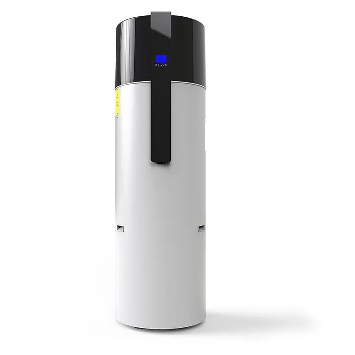 Hofman Warmwasser-Wärmepumpe mit WLAN Smart-Steuerung R290 200L 1,5kW, Register 1, 230V - V01 -  - Zylindrischer silberner und schwarzer Brauchwasserwärmepumpe mit blauem Digitaldisplay auf dem schwarzen Oberteil.