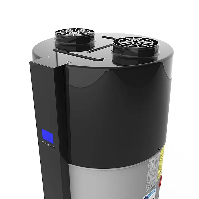 Hofman Warmwasser-Wärmepumpe mit WLAN Smart-Steuerung R290 200L 1,5kW, Register 1, 230V - V01 -  - Schwarz-graues zylindrisches Gerät mit Digitalanzeige und zwei runden Lüftungsöffnungen oben, deutet auf eine Wärmepumpe oder Lüftungseinheit hin.