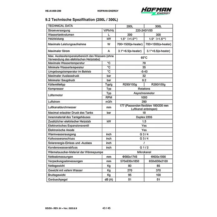 Hofman Warmwasser-Wärmepumpe mit WLAN Smart-Steuerung R290 200L 1,5kW, Register 1, 230V - V01 -  - Technische Spezifikationstabelle für 200L/300L Warmwasserbereiter, mit Leistungs-, Maß- und Gewichtsdaten.