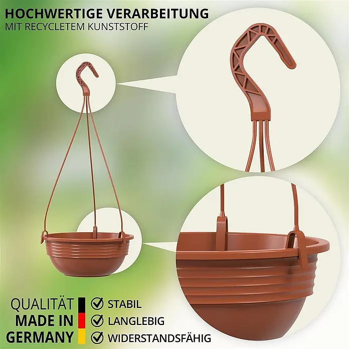Plastard Blumenampel 3er Set Ø 32 cm in Terrakotta mit Aufhänger, Deko Blumentopf - 3 Stk., Außenmaß (Ø x H): 32 x 12,5 cm, Kunststoff, Terrakotta - Brauner Hängepflanztopf aus recyceltem Kunststoff, der seinen Haken und das Topfdesign hervorhebt.
