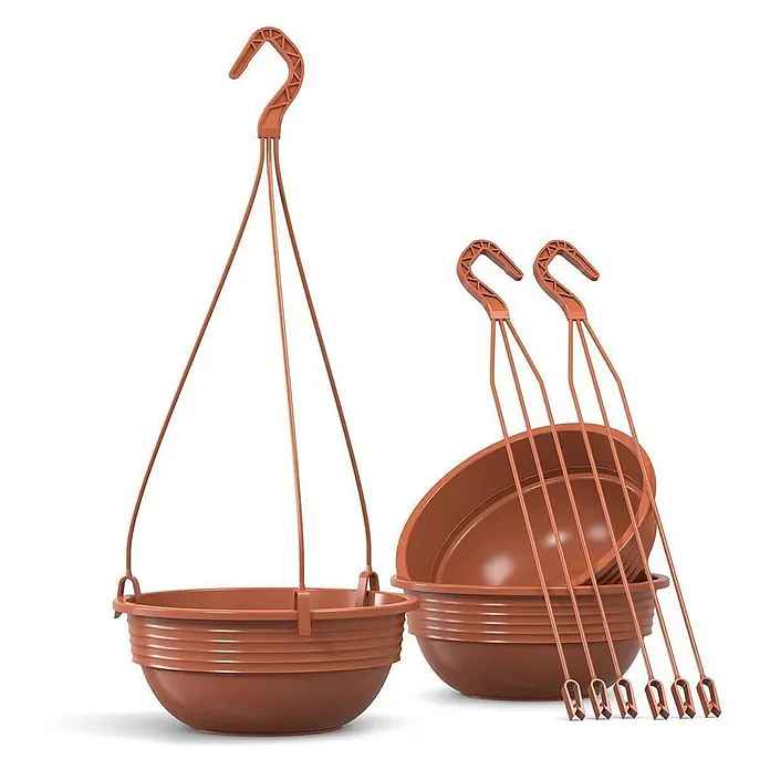 Plastard Blumenampel 3er Set Ø 25 cm in Terrakotta mit Aufhänger, Deko Blumentopf - 3 Stk., Außenmaß (Ø x H): 25 x 10 cm, Kunststoff, Terrakotta - Braune Kunststoff-Hängekörbe mit integrierten Haken und Aufhängestangen, teils gestapelt.
