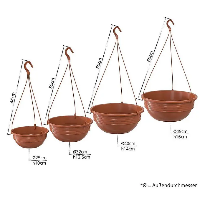 Plastard Blumenampel 3er Set Ø 32 cm in Terrakotta mit Aufhänger, Deko Blumentopf - 3 Stk., Außenmaß (Ø x H): 32 x 12,5 cm, Kunststoff, Terrakotta - Vier braune Kunststoff-Hängekörbe in verschiedenen Größen, mit Haken und Maßen.