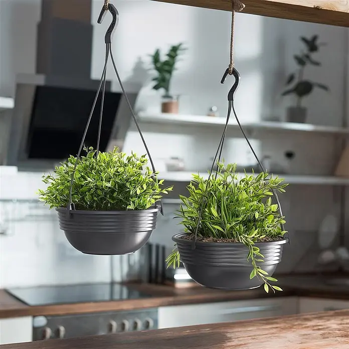 Plastard Blumenampel 3er Set Ø 25 cm in Anthrazit mit Aufhänger, Deko Blumentopf - 3 Stk., Außenmaß (Ø x H): 25 x 10 cm, Kunststoff, Anthrazit - Zwei dunkelgraue Hängepflanztöpfe mit Grünpflanzen, in einer modernen Küche aufgehängt.
