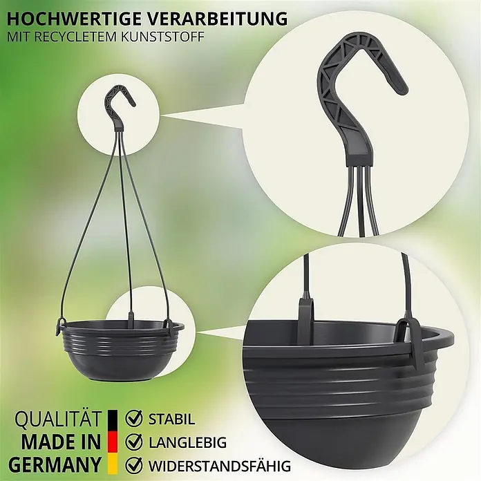 Plastard Blumenampel 3er Set Ø 25 cm in Anthrazit mit Aufhänger, Deko Blumentopf - 3 Stk., Außenmaß (Ø x H): 25 x 10 cm, Kunststoff, Anthrazit - Schwarzer Hängeblumentopf aus recyceltem Kunststoff, hochwertig, stabil und langlebig.