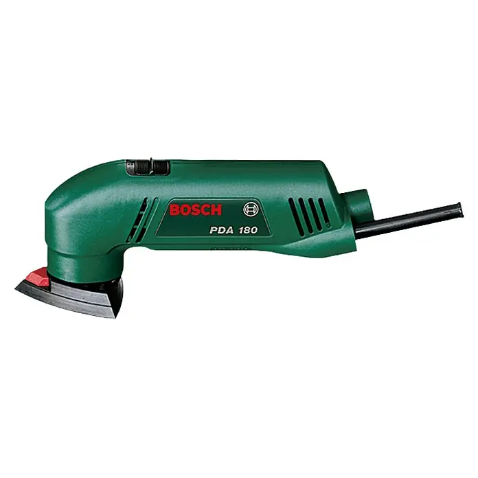 Bosch Lijadora delta eléctrica PDA 180 - 180 W, Ancho del plato lijador: 92 mm, Longitud del plato lijador: 80 mm - Multilijadora Bosch PDA 180 para lijado preciso en esquinas y bordes. Diseño compacto para un control óptimo y manejo cómodo.