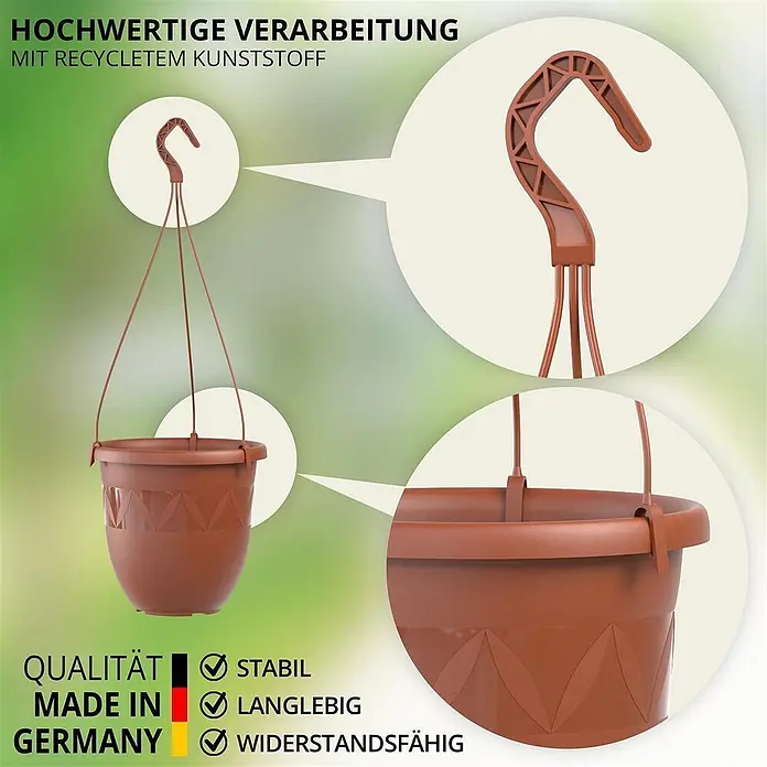 Plastard Blumenampel Ø 24 cm in Terrakotta mit Aufhänger, Deko Blumentopf - 1 Stk., Außenmaß (Ø x H): 24 x 20 cm, Kunststoff, Terrakotta - Brauner Hängepflanzentopf aus recyceltem Kunststoff, detailliert mit Haken und Topfrand.