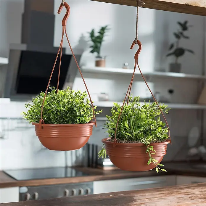 Plastard Blumenampel 3er Set Ø 40 cm in Terrakotta mit Aufhänger, Deko Blumentopf - 3 Stk., Außenmaß (Ø x H): 40 x 14 cm, Kunststoff, Terrakotta - Zwei braune Kunststoff-Hängepflanzgefäße mit Grünpflanzen, an einem Holzbalken in einer Küche hängend.