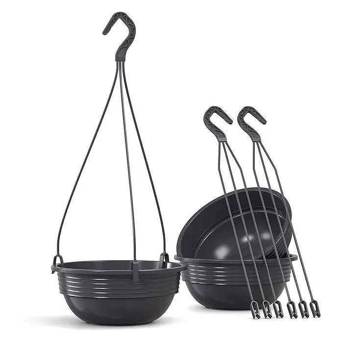 Plastard Blumenampel 3er Set Ø 25 cm in Anthrazit mit Aufhänger, Deko Blumentopf - 3 Stk., Außenmaß (Ø x H): 25 x 10 cm, Kunststoff, Anthrazit - Schwarze Kunststoff-Hängepflanztöpfe mit abnehmbaren Aufhängern und Haken, montiert und gestapelt gezeigt.