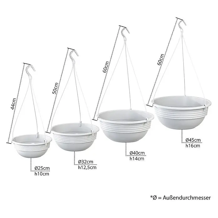 Plastard Blumenampel 3er Set Ø 32 cm in Weiß mit Aufhänger, Deko Blumentopf - 3 Stk., Außenmaß (Ø x H): 32 x 12,5 cm, Kunststoff, Weiß - Vier weiße Kunststoff-Hängekörbe in verschiedenen Größen, mit Haken und Maßangaben für jeden.
