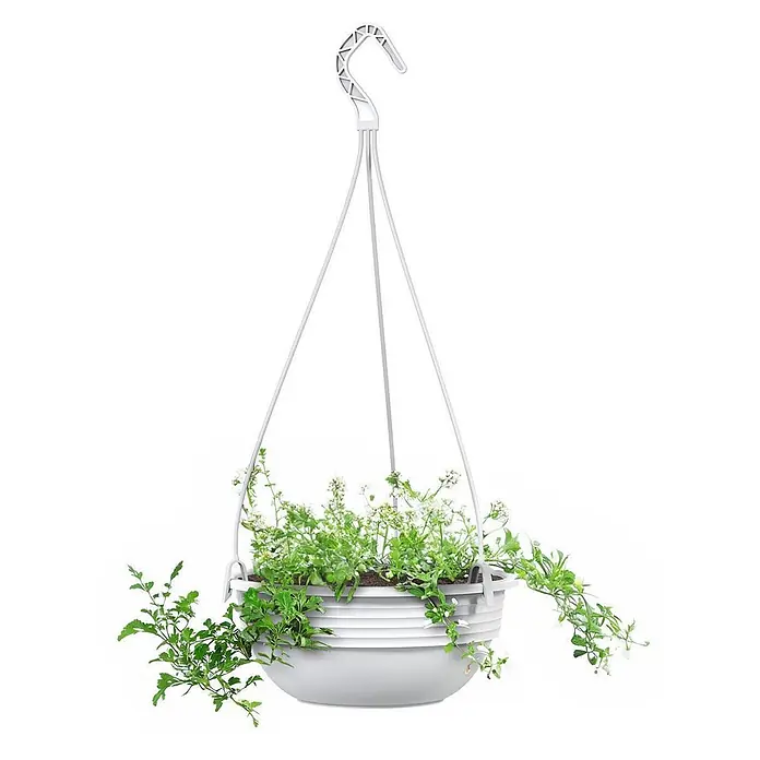 Plastard Blumenampel 3er Set Ø 32 cm in Weiß mit Aufhänger, Deko Blumentopf - 3 Stk., Außenmaß (Ø x H): 32 x 12,5 cm, Kunststoff, Weiß - Hellgrauer Kunststoff-Hängekorb mit weißen Blumen.