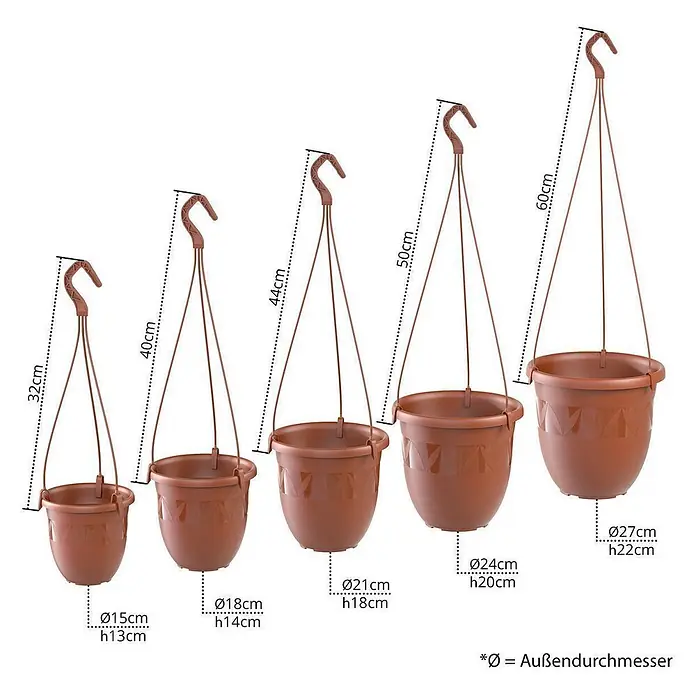 Plastard Blumenampel Ø 24 cm in Terrakotta mit Aufhänger, Deko Blumentopf - 1 Stk., Außenmaß (Ø x H): 24 x 20 cm, Kunststoff, Terrakotta - Braune Hänge-Blumentöpfe in fünf verschiedenen Größen mit angezeigten Maßen.