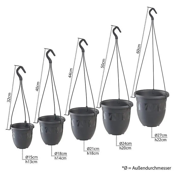 Plastard Blumenampel Ø 21 cm in Anthrazit mit Aufhänger, Deko Blumentopf - 1 Stk., Außenmaß (Ø x H): 21 x 18 cm, Kunststoff, Anthrazit - Fünf graue Kunststoff-Blumenampeln in verschiedenen Größen, mit Maßen dargestellt.