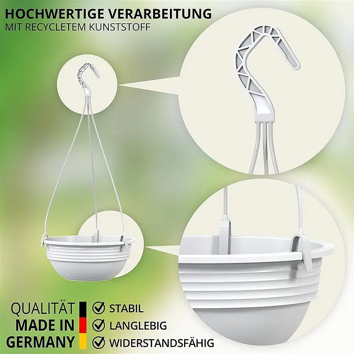 Plastard Blumenampel Ø 32 cm in Weiß mit Aufhänger, Deko Pflanzschale - 1 Stk., Außenmaß (Ø x H): 32 x 12,5 cm, Kunststoff, Weiß - Weißer Hängepflanzer aus recyceltem Kunststoff, mit detailliertem Haken und sicheren Topfclips.